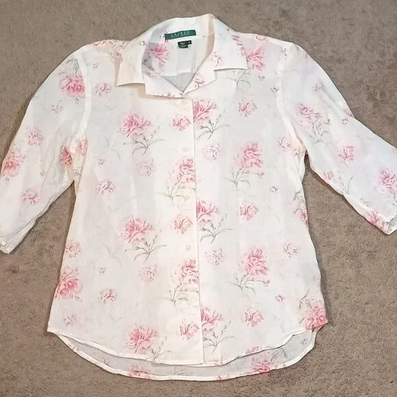 Lauren Ralph Lauren/Button Down Blouse/Womens M/Pink Floral/Classic Prep Feminin - Picture 2 of 8